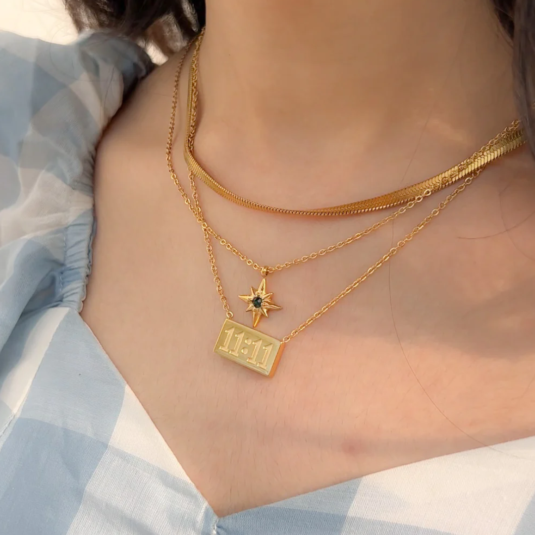 Woman wearing 11:11 Angel Number Necklace Gold manifestation jewlery