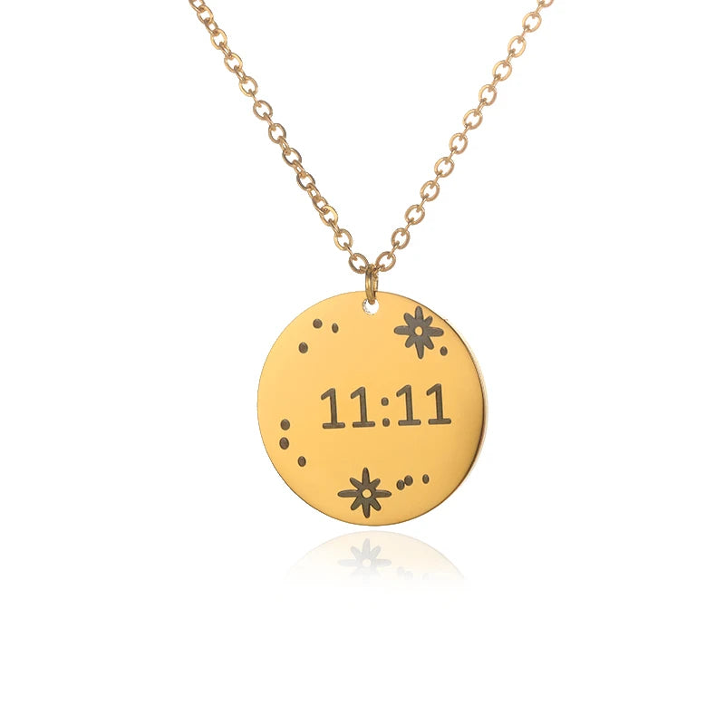 Close up 11:11 Angel Number pendant gold spiritual necklace