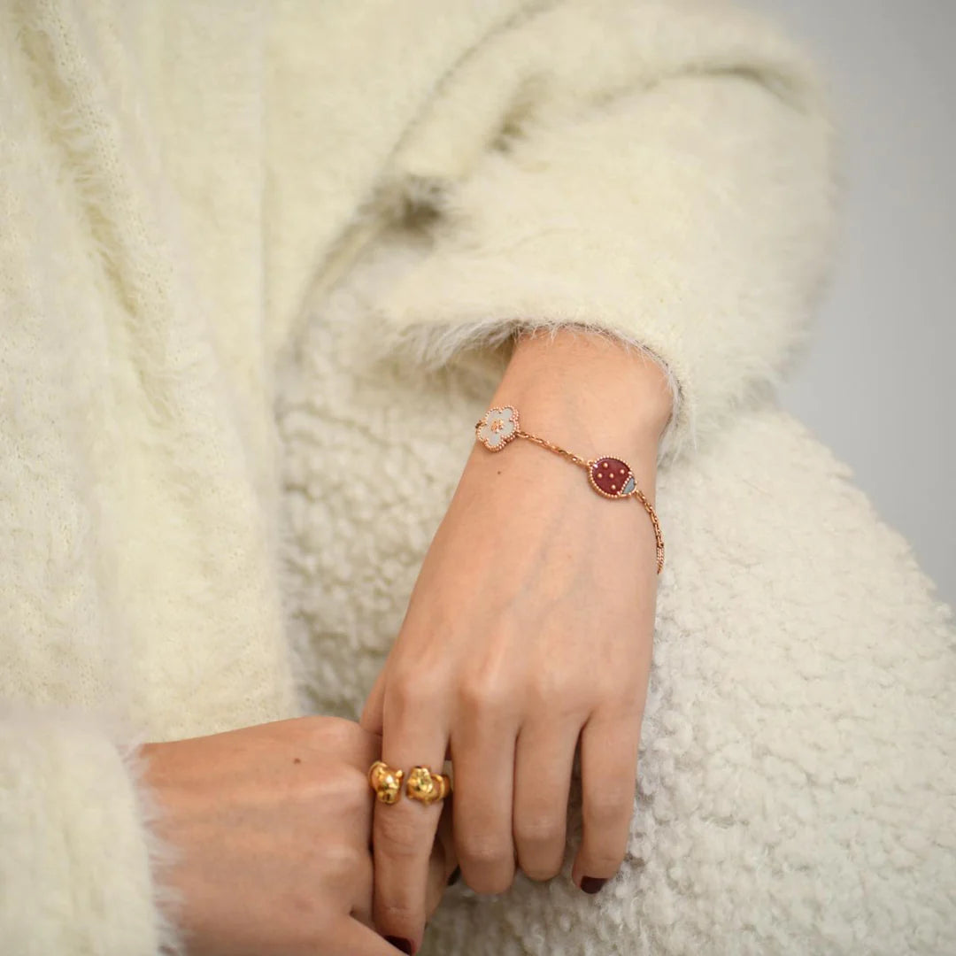 woman wearing Lucky Spring Ladybug Bracelet daily waterproof jewelry