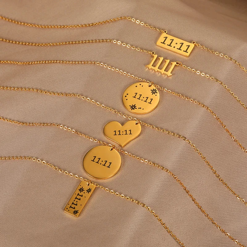 Close up 11:11 Angel Number pendant gold spiritual necklace