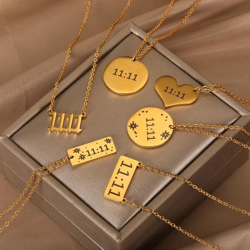 Close up 11:11 Angel Number pendant gold spiritual necklace