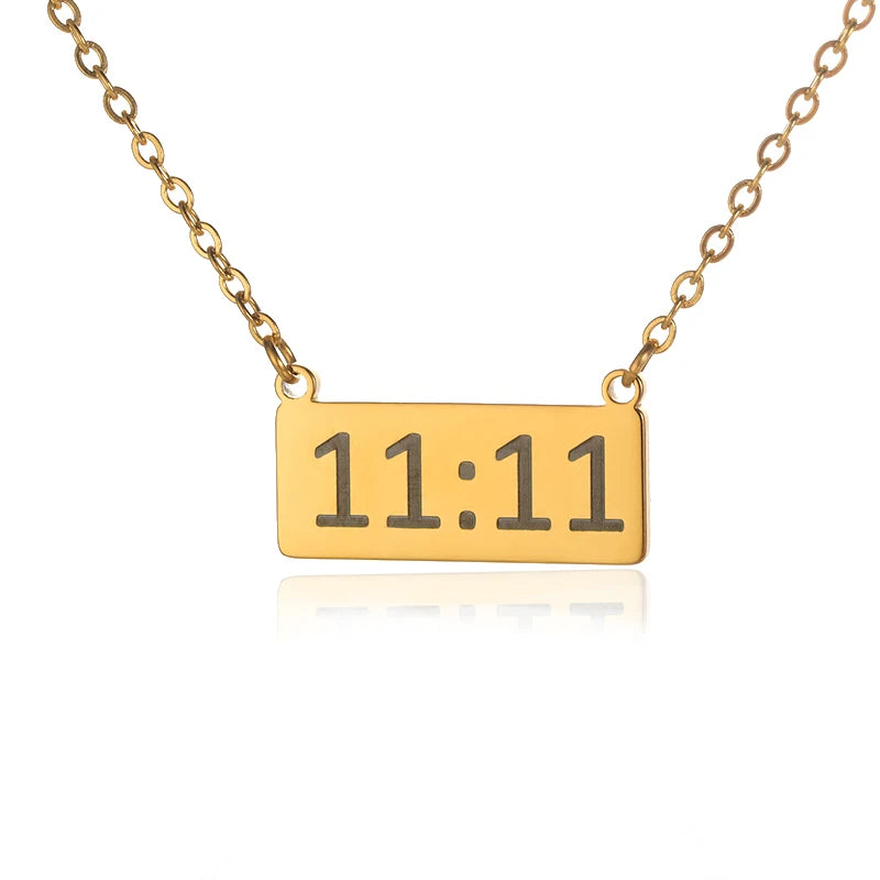 Close up 11:11 Angel Number pendant gold spiritual necklace